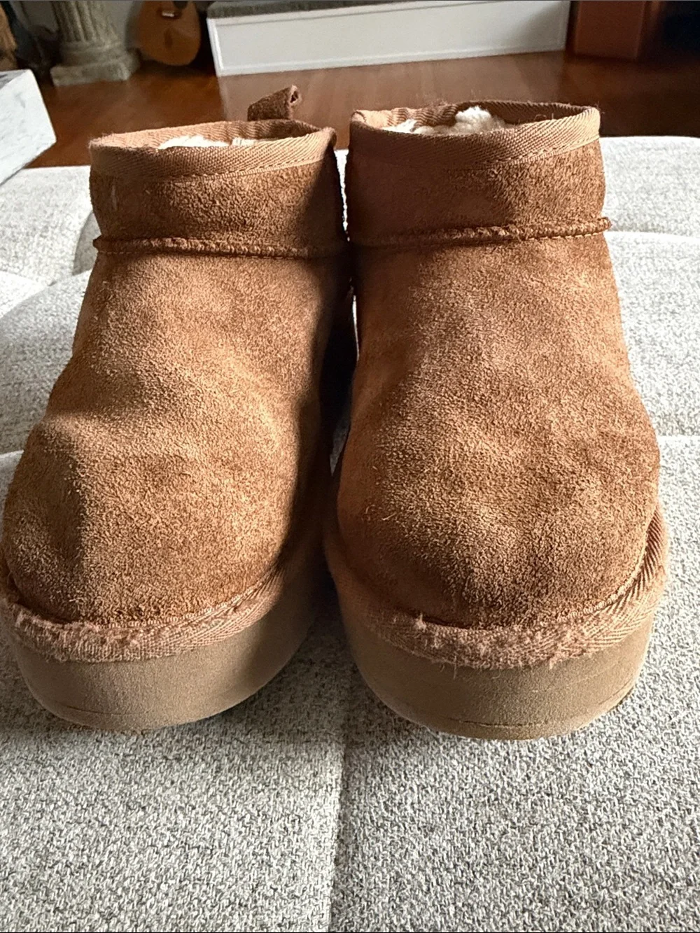 UGG Chestnut Suede Platform Ankle Boots Youth Size 2 Cozy Wool Blend Lined